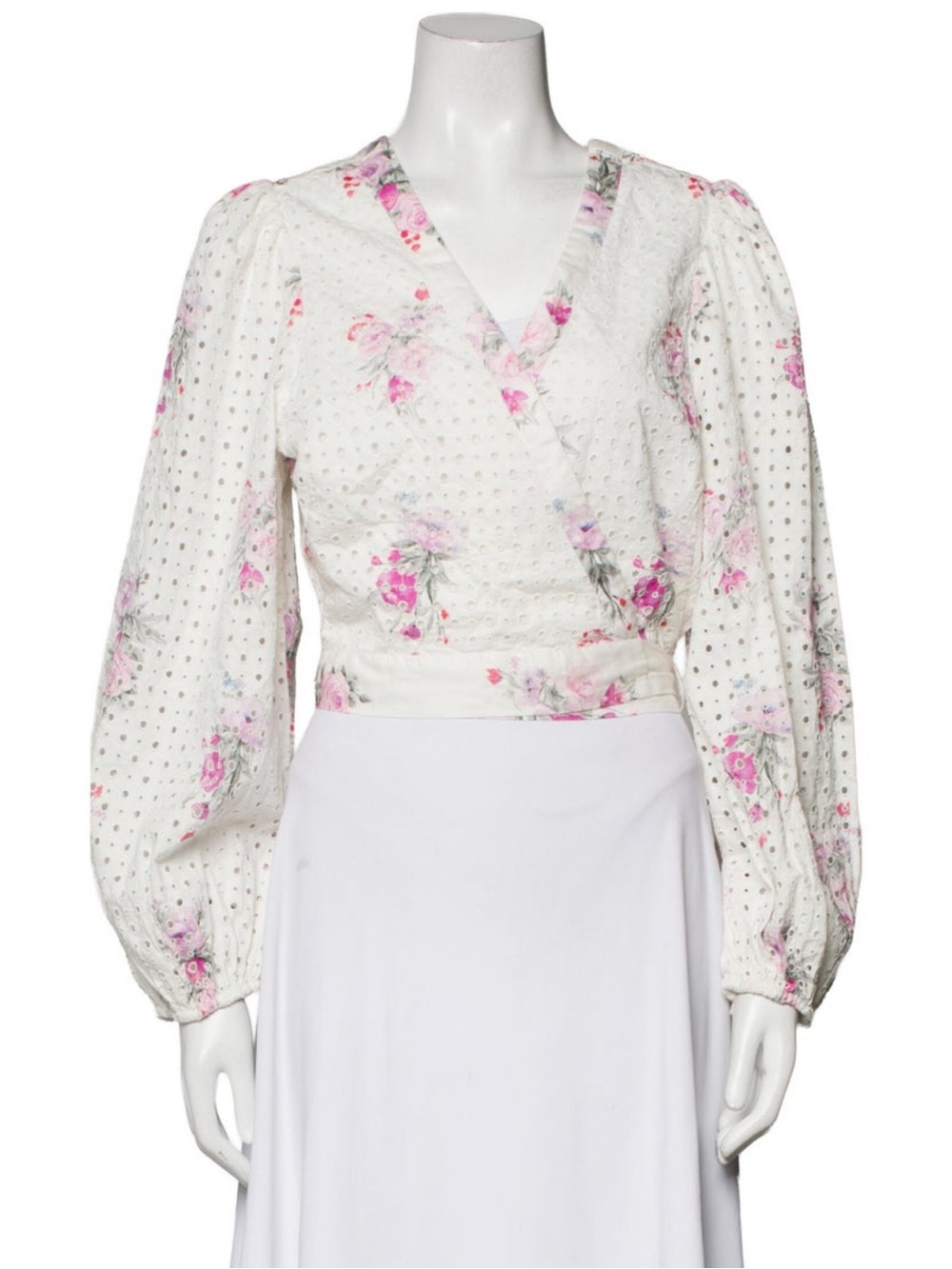 LoveShackFancy White Eyelet Wrap Top with Pink Floral